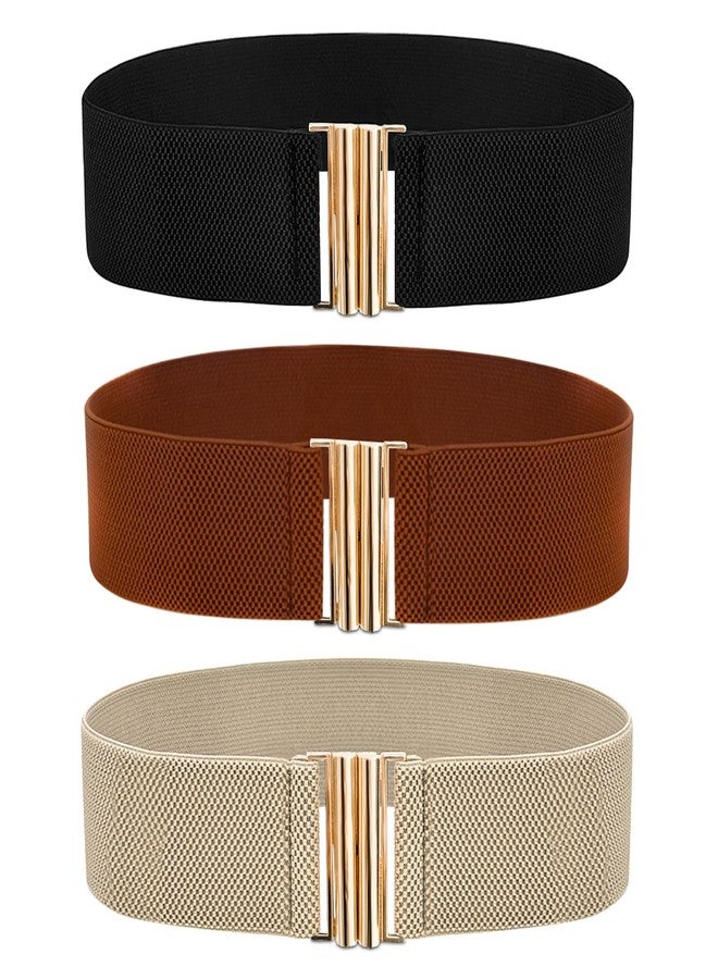 OWMOSYX 3 PCS Wide Stretchy Belt for Women Vintage Elastic Belts for Dresses Stretch Waist Belt with Golden Buckle Black Khaki Brown - Image 1